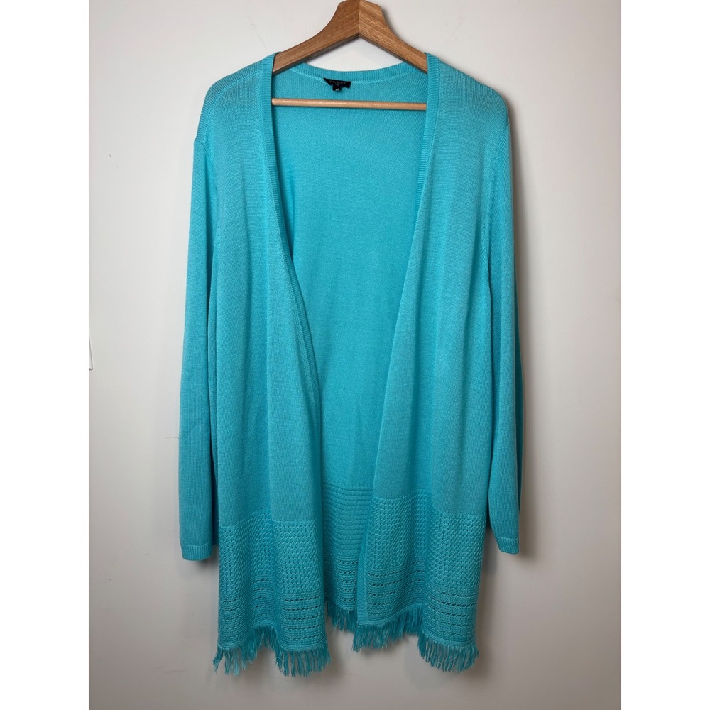Talbots Plus Turquoise Blue Open Front Cardigan Fringe Pointelle Knit Sweater 3X